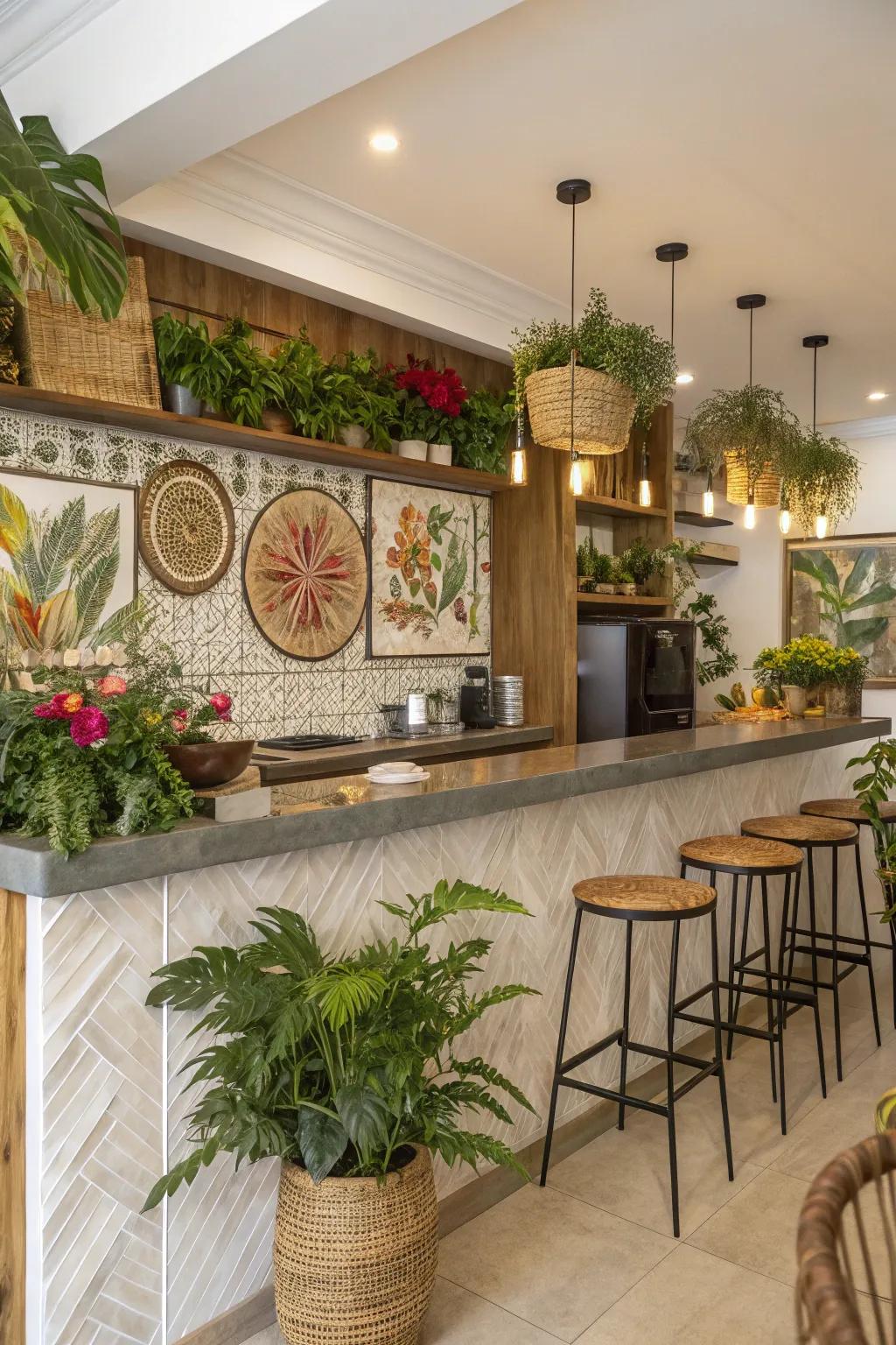 Decorative plants and wall art enliven a breakfast bar.