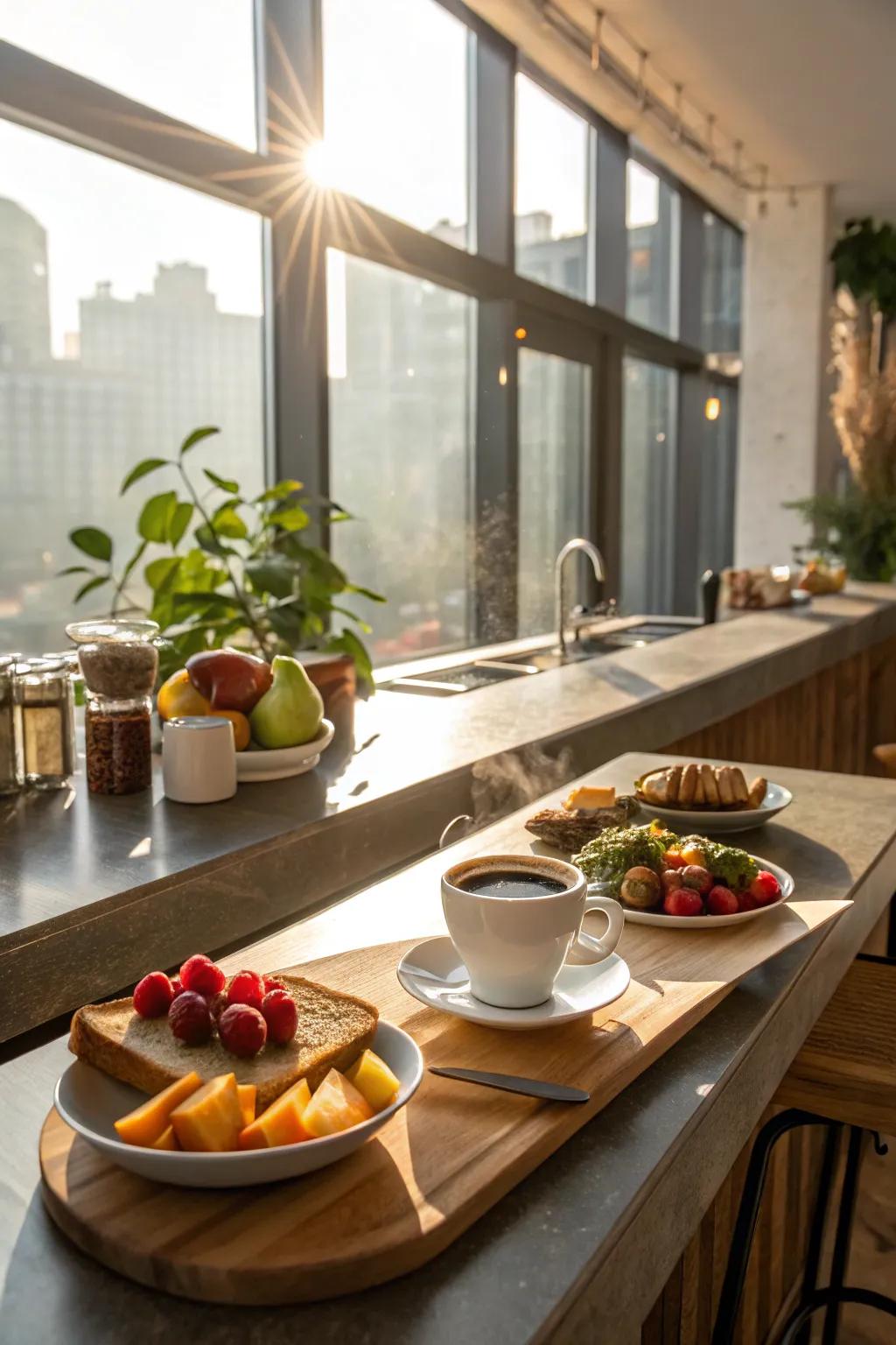 A breakfast bar illuminated by natural light from a large window.