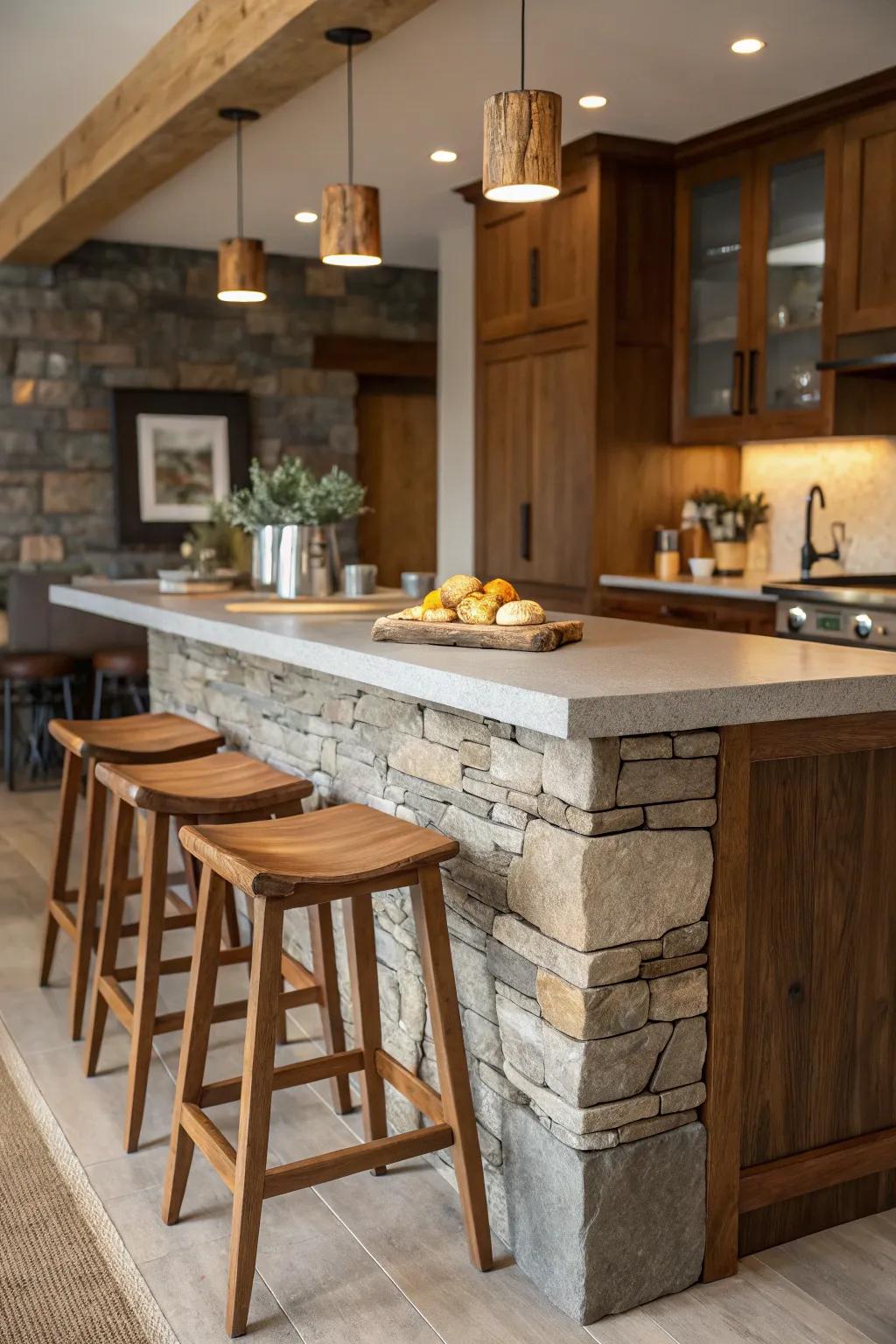 A breakfast bar showcasing a mix of wood and stone materials.
