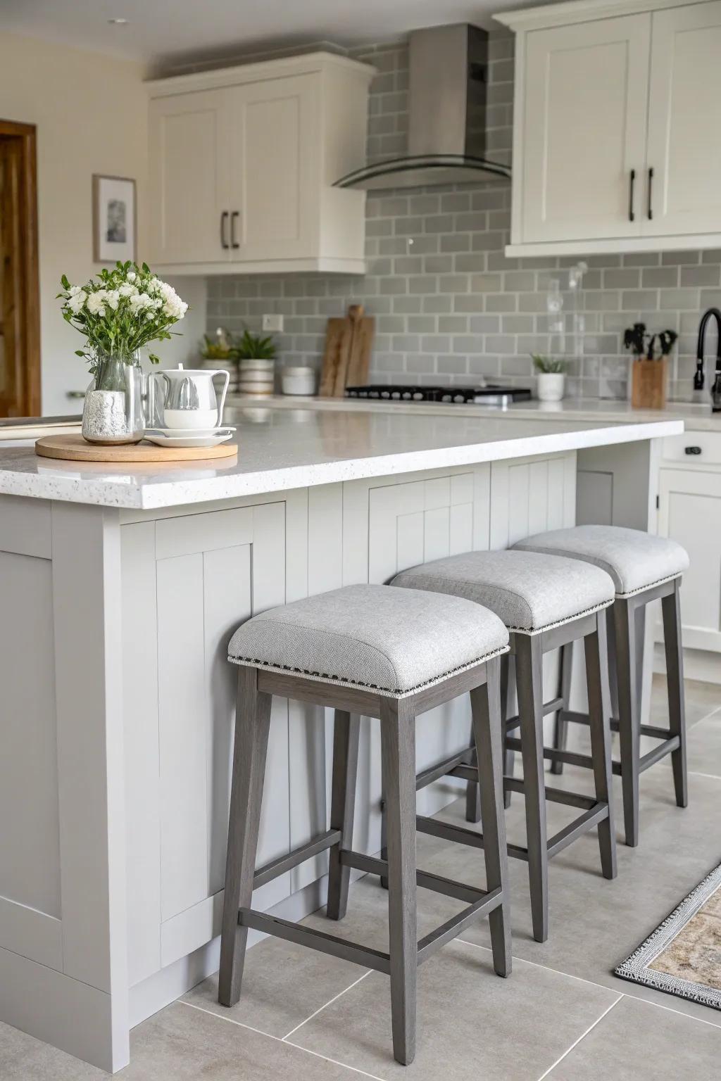A breakfast bar in neutral tones, blending seamlessly with the kitchen's decor.