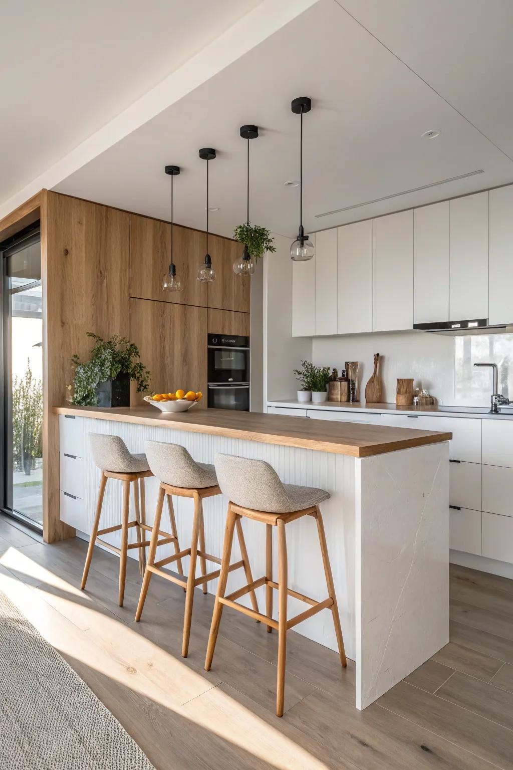A minimalist breakfast bar with sleek, white cabinetry and natural wood accents.