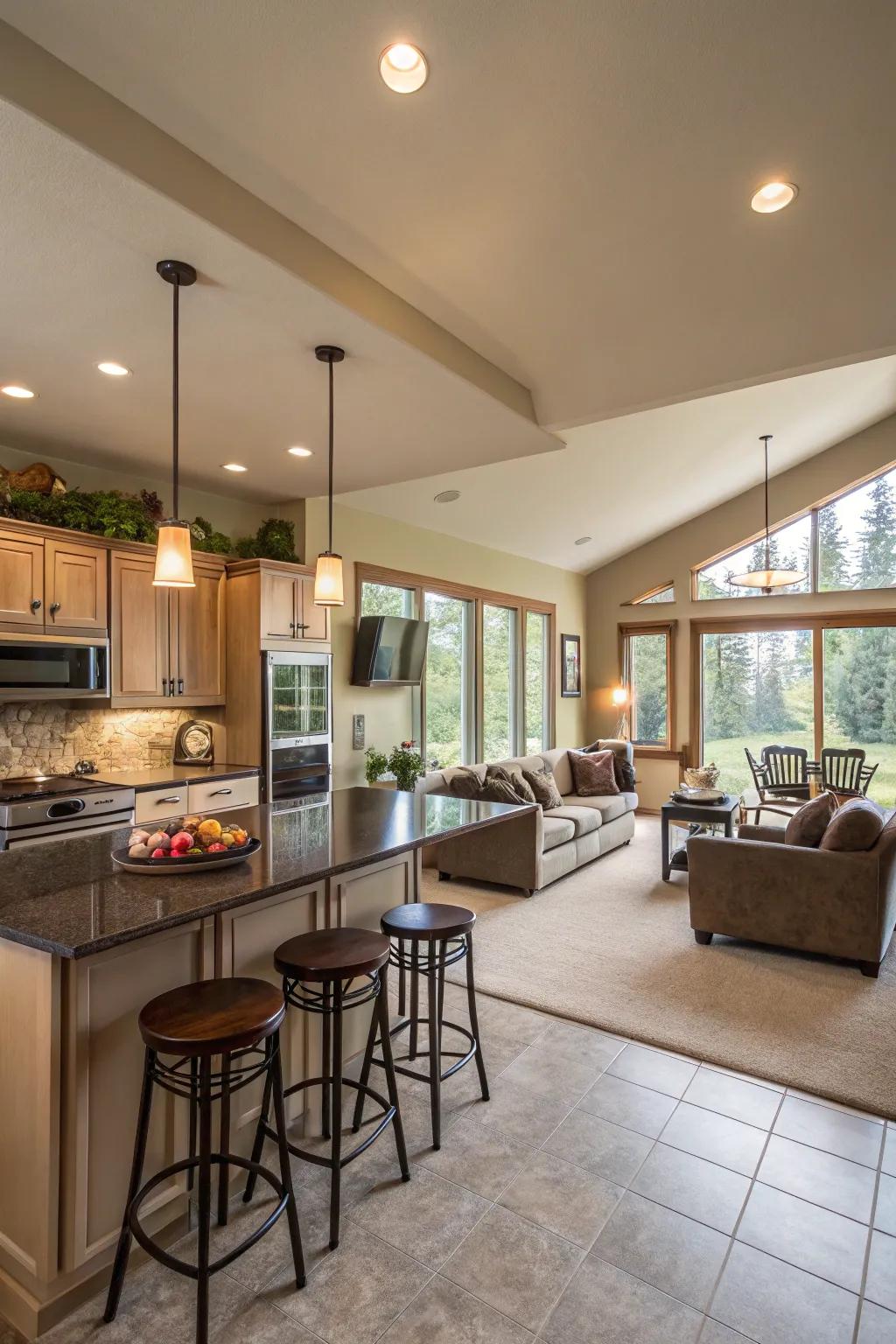 An open-layout kitchen where the breakfast bar seamlessly connects with the living area.