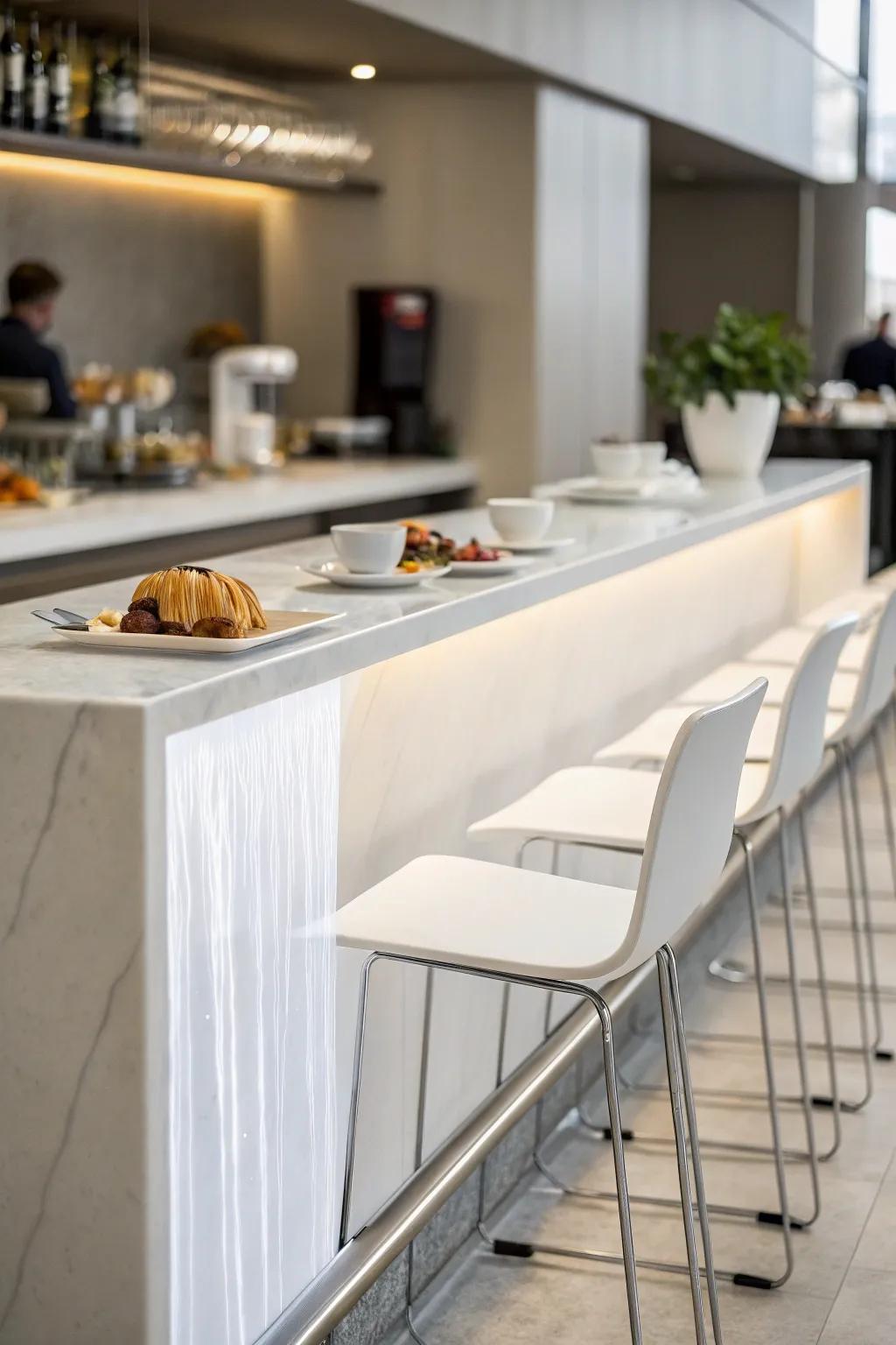 A modern breakfast bar featuring a sleek waterfall edge.