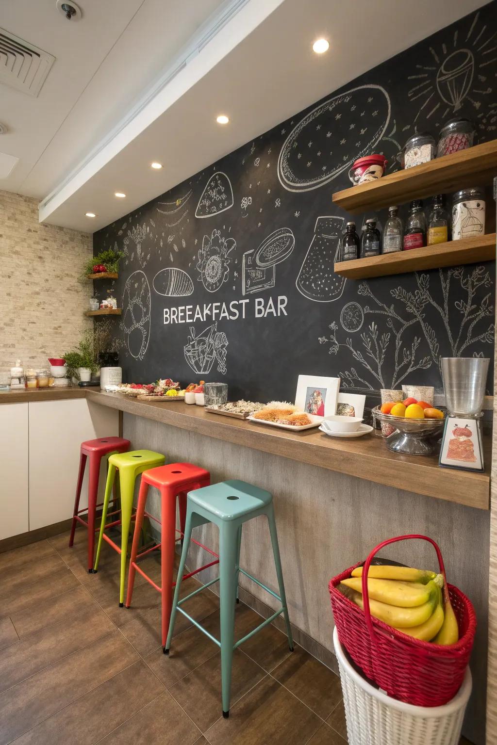 A breakfast bar featuring a playful and functional chalkboard wall.