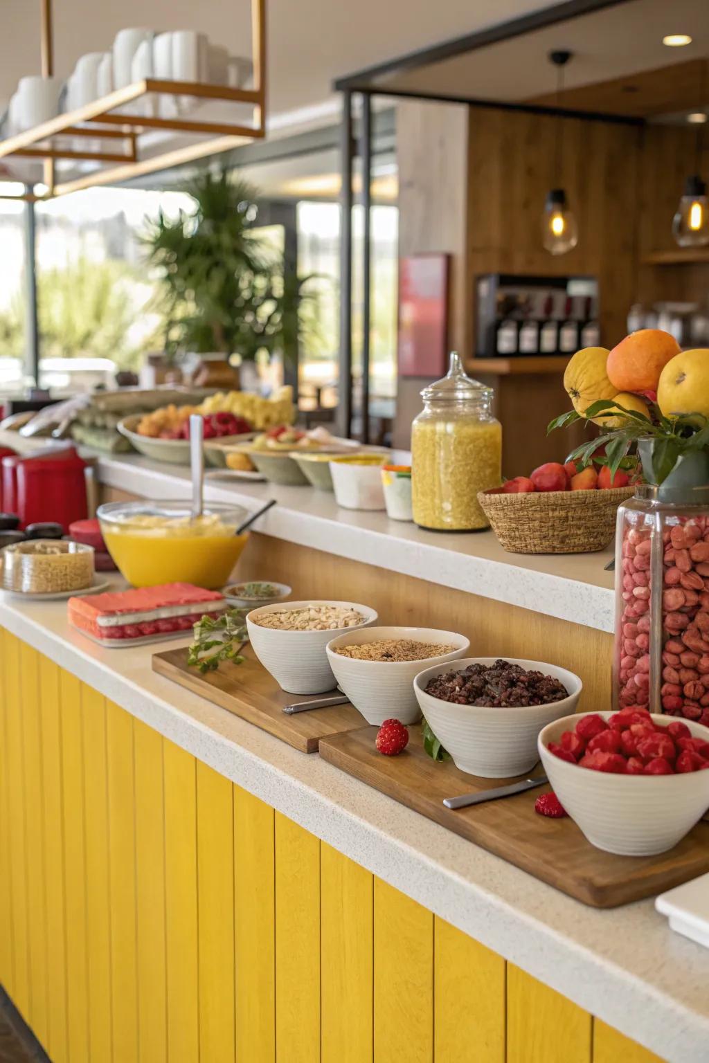 A breakfast bar with a vibrant pop of color adding excitement to the kitchen.