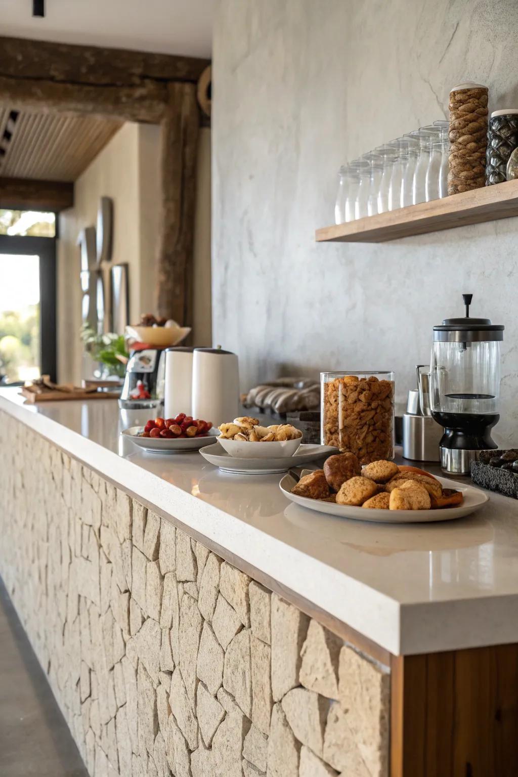 Contrasting textures highlight a breakfast bar with a smooth countertop and textured wall.