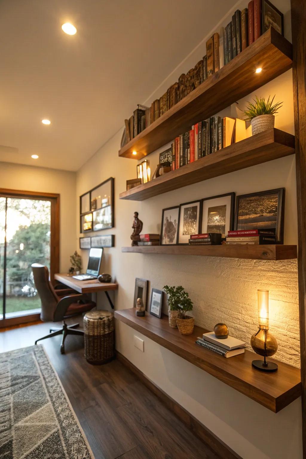 Wall-mounted shelves offer elegant storage options in this home office.