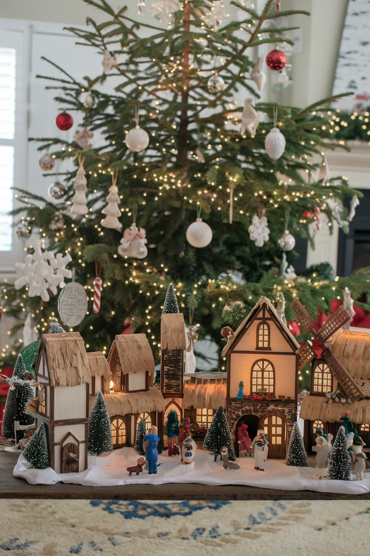 Festive indoor scene with a decorated Christmas tree, illuminated miniature village of thatched houses, and charming figurines.