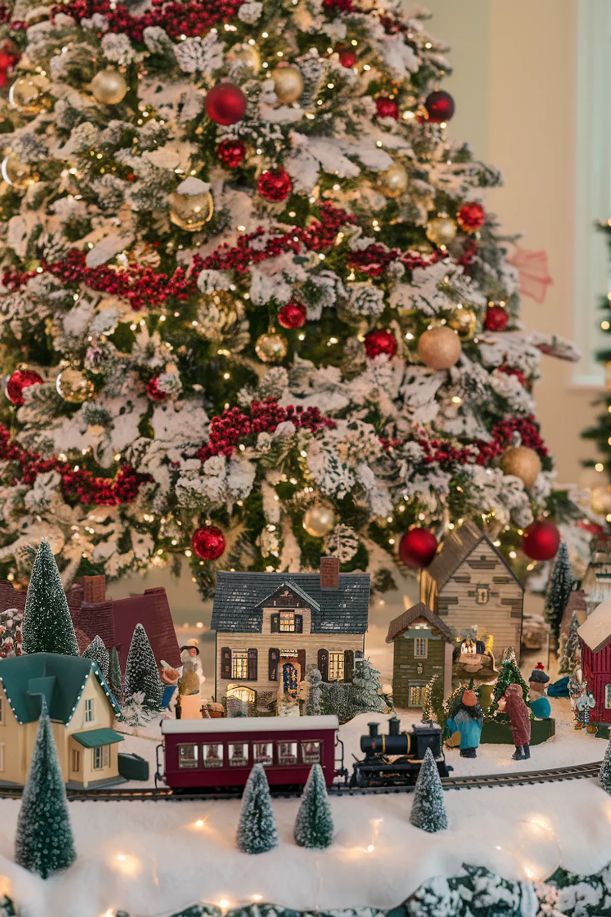 Large decorated Christmas tree with red and gold ornaments, surrounded by a miniature village scene on a green tablecloth.