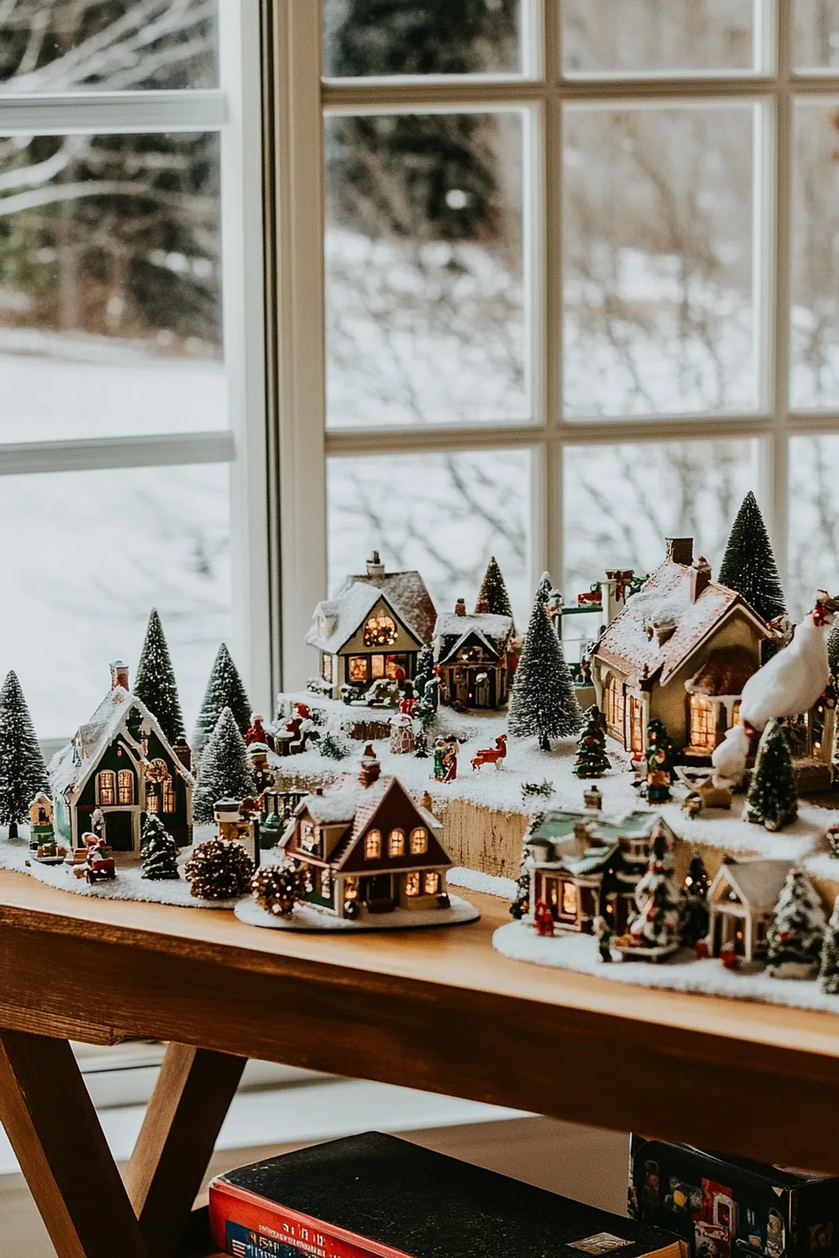 Miniature village scene on a wooden table by a large window, with festive decorations and books beneath suggesting a cozy reading nook.