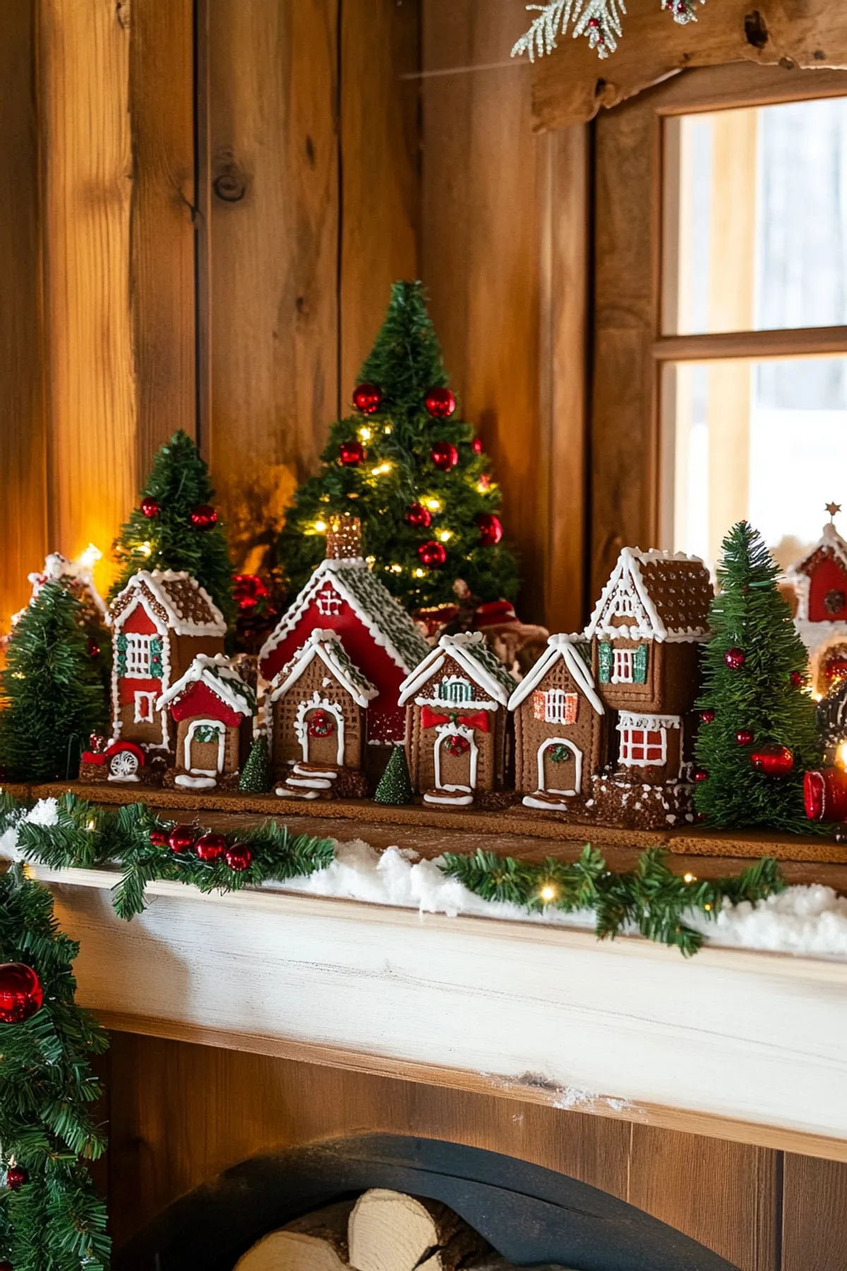Rustic wooden interior featuring a gingerbread village on a shelf, with snowy views and festive decorations creating a warm ambiance.