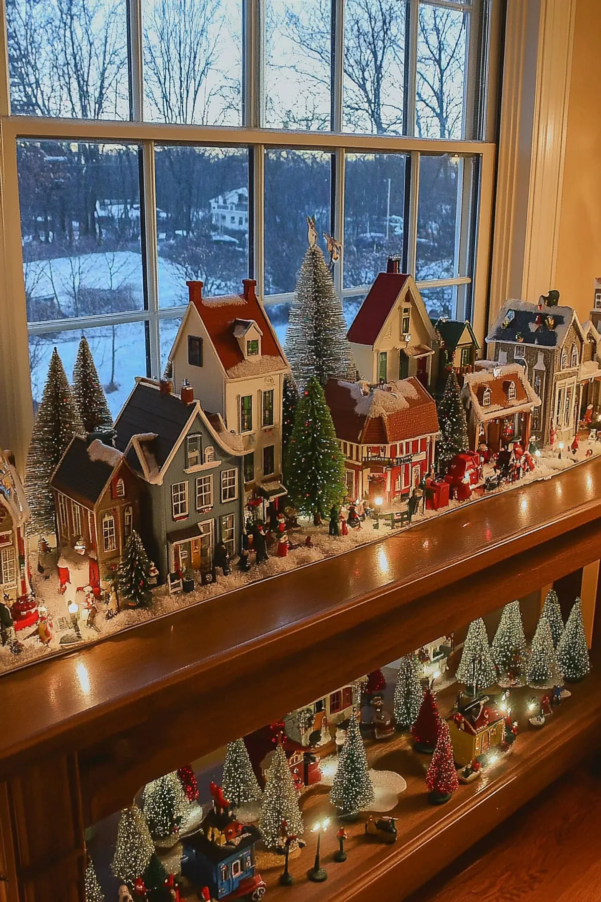 Miniature village scene on a wooden table, featuring colorful houses and trees, illuminated against a snowy landscape view.