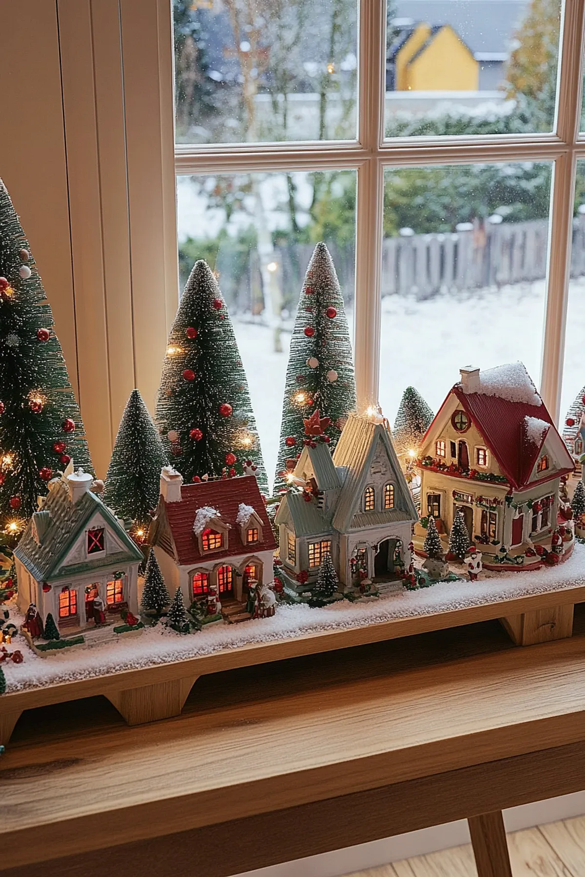Festive miniature village on a window sill, with lights and snow, overlooking a snowy landscape and distant yellow house.