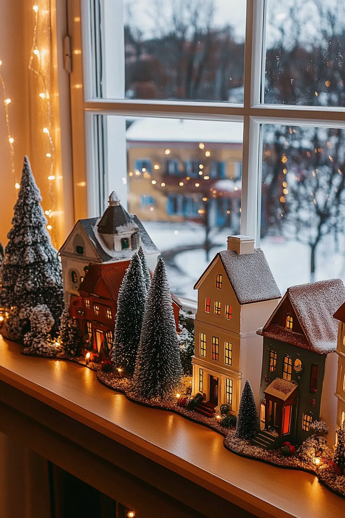Miniature village on a window sill, colorful houses with lit windows, overlooking a snowy landscape and adorned with string lights.