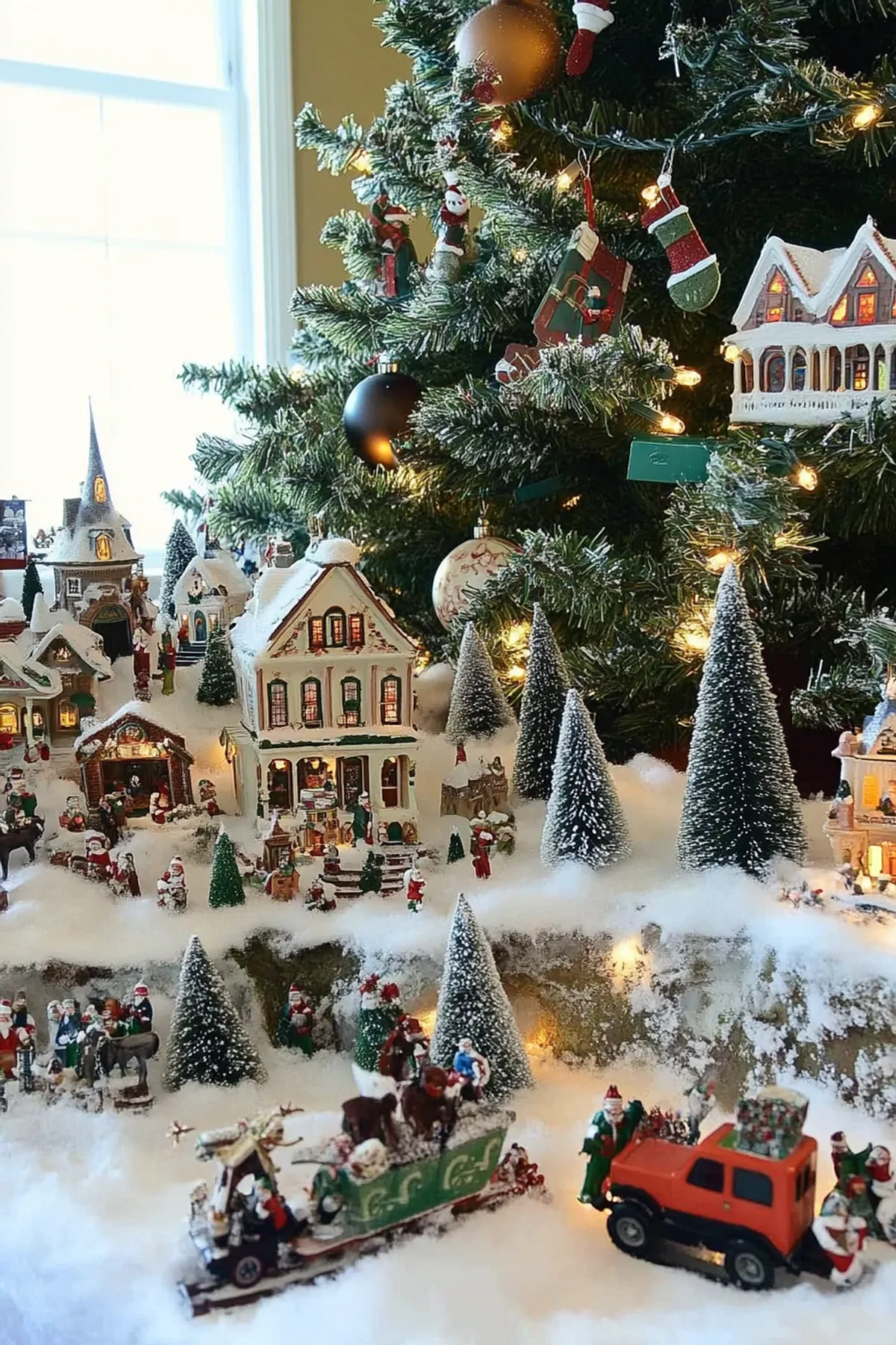 Festive Christmas setting with a decorated tree, miniature village under it, red truck with snowmobile, all blanketed in snow.