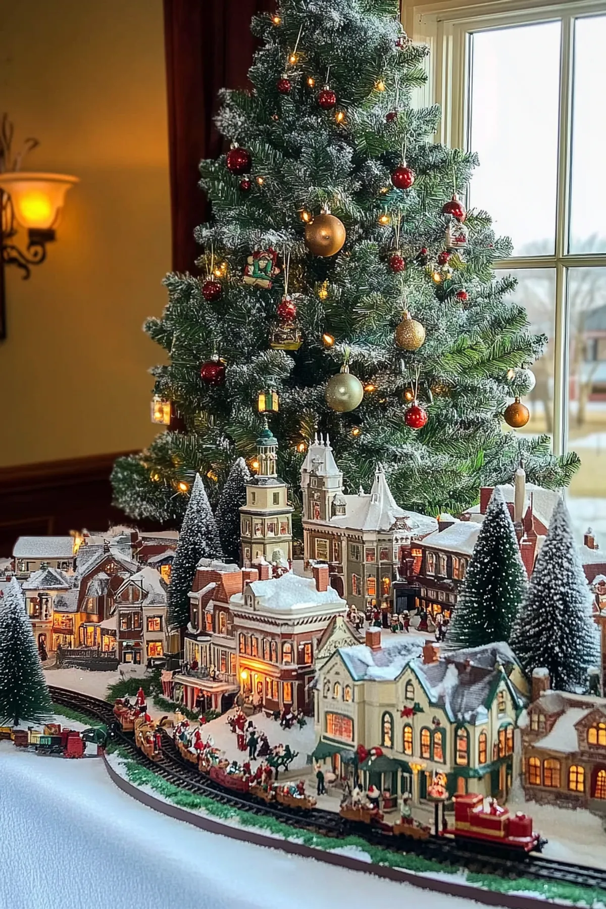 Christmas tree by a window with colorful ornaments, mini village below featuring snow-covered rooftops and a moving train.