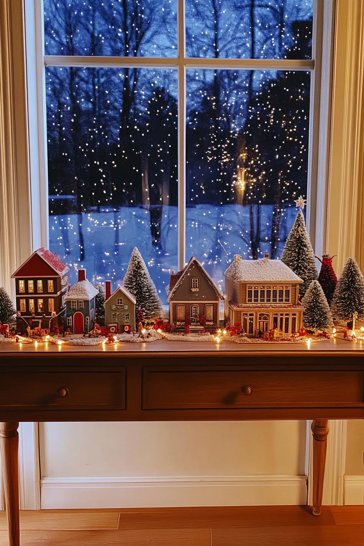Cozy indoor scene with a snowy view, featuring a lit miniature village on the window sill and glowing fairy lights.