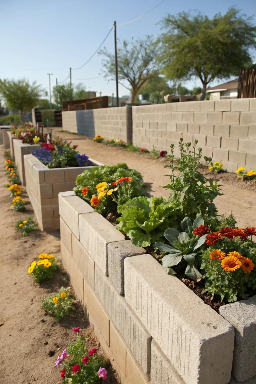Elevated planters made from architectural landscape blocks, overflowing with colorful flowers and vegetables.