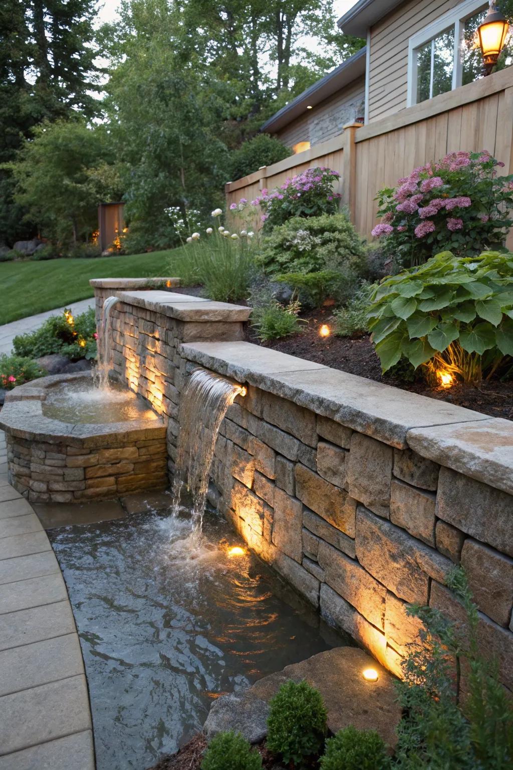 A landscape wall enhanced with a gentle water feature, establishing a serene garden atmosphere.