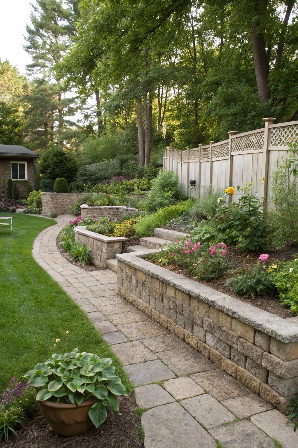 Landscape walls effectively creating distinct and stylish borders in a backyard garden.
