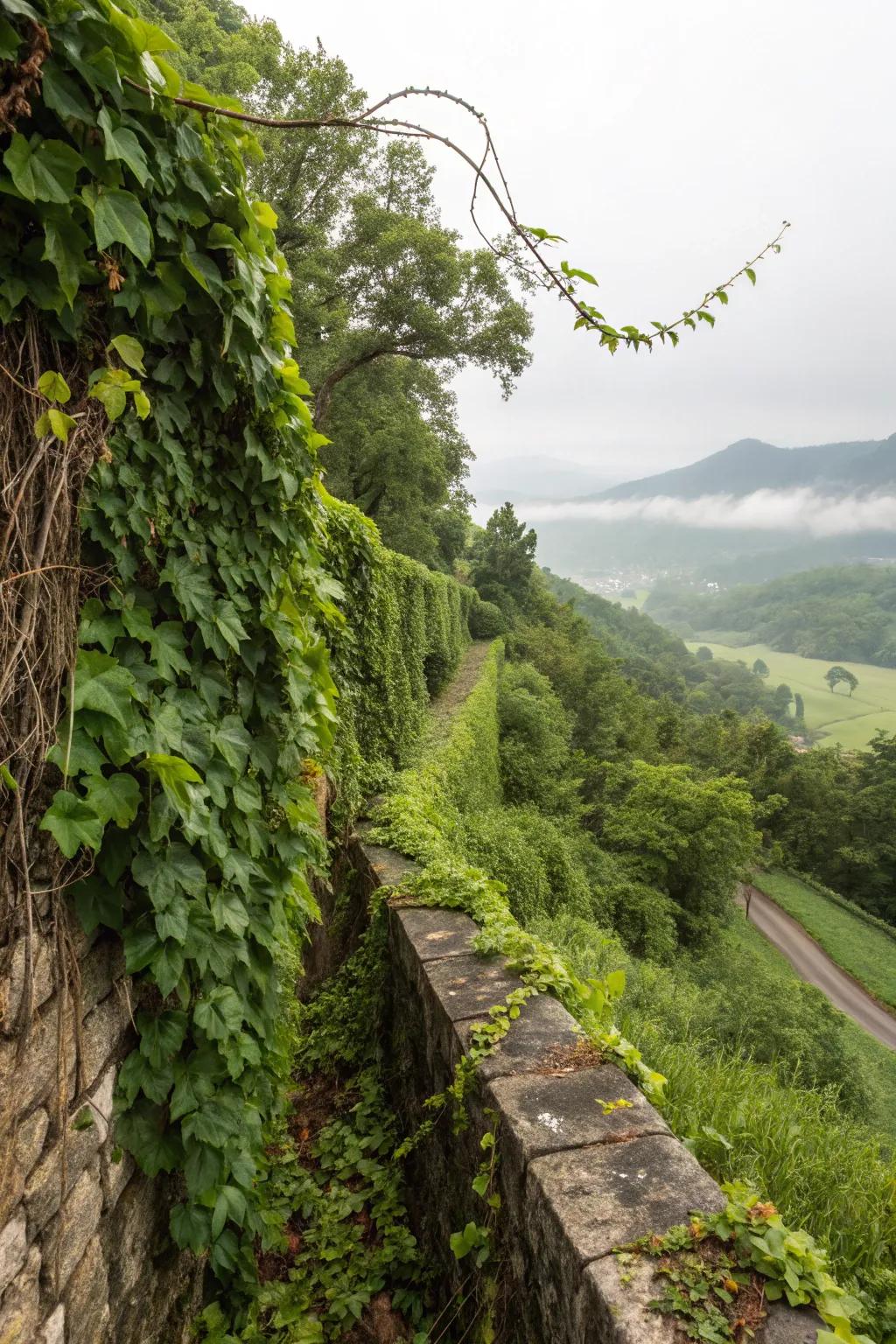 Landscape wall beautifully enhanced with abundant, trailing vegetation.