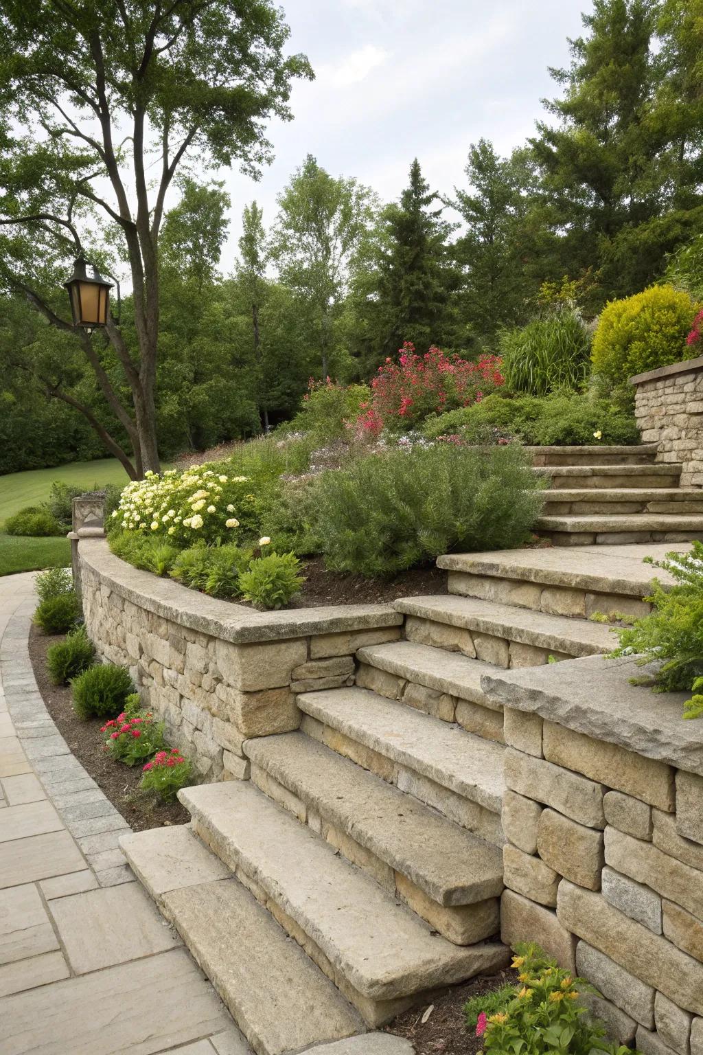 A landscape wall featuring built-in steps, providing smooth passage through a vibrant garden.