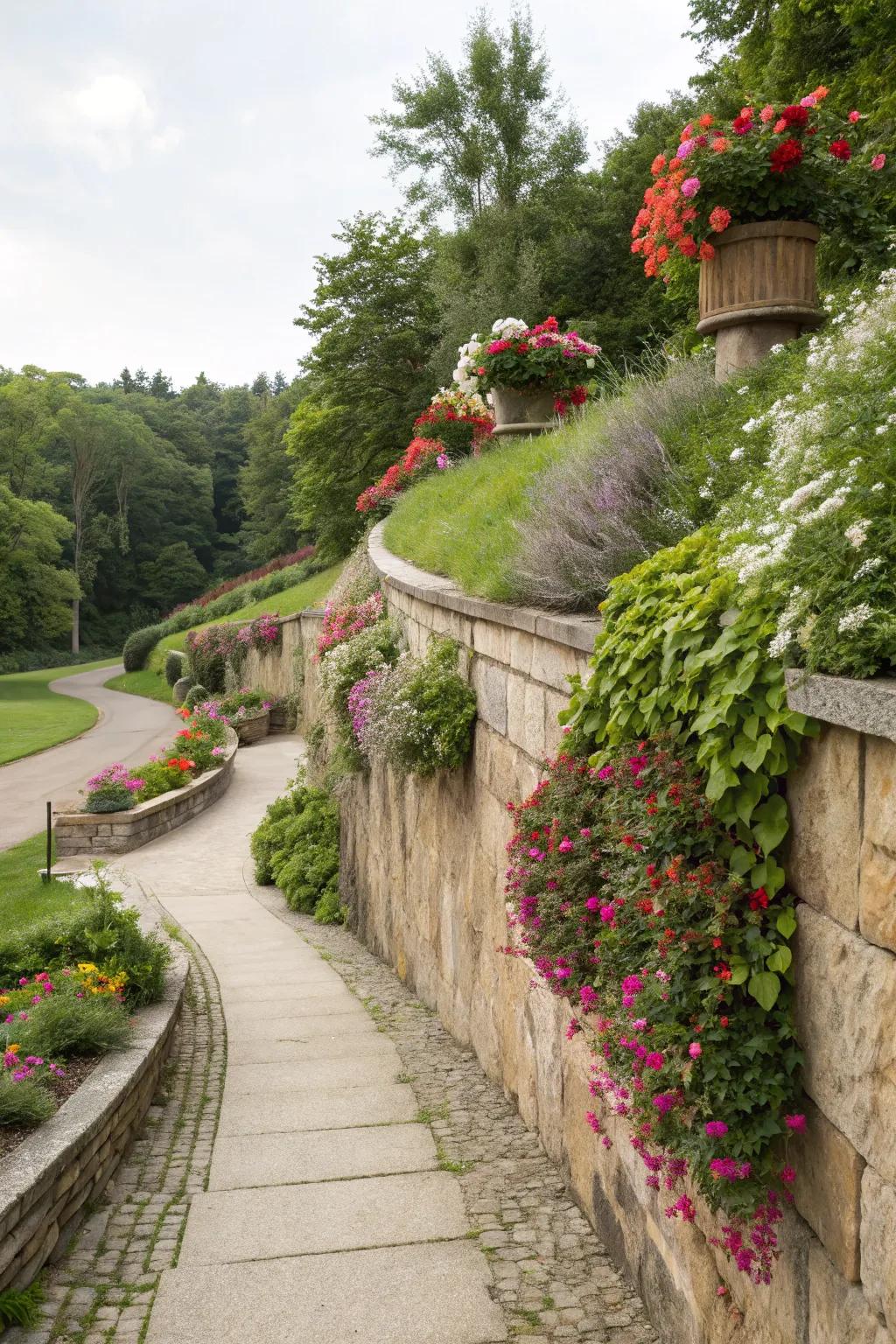 A landscape wall transformed into an artistic display with creative decorations.