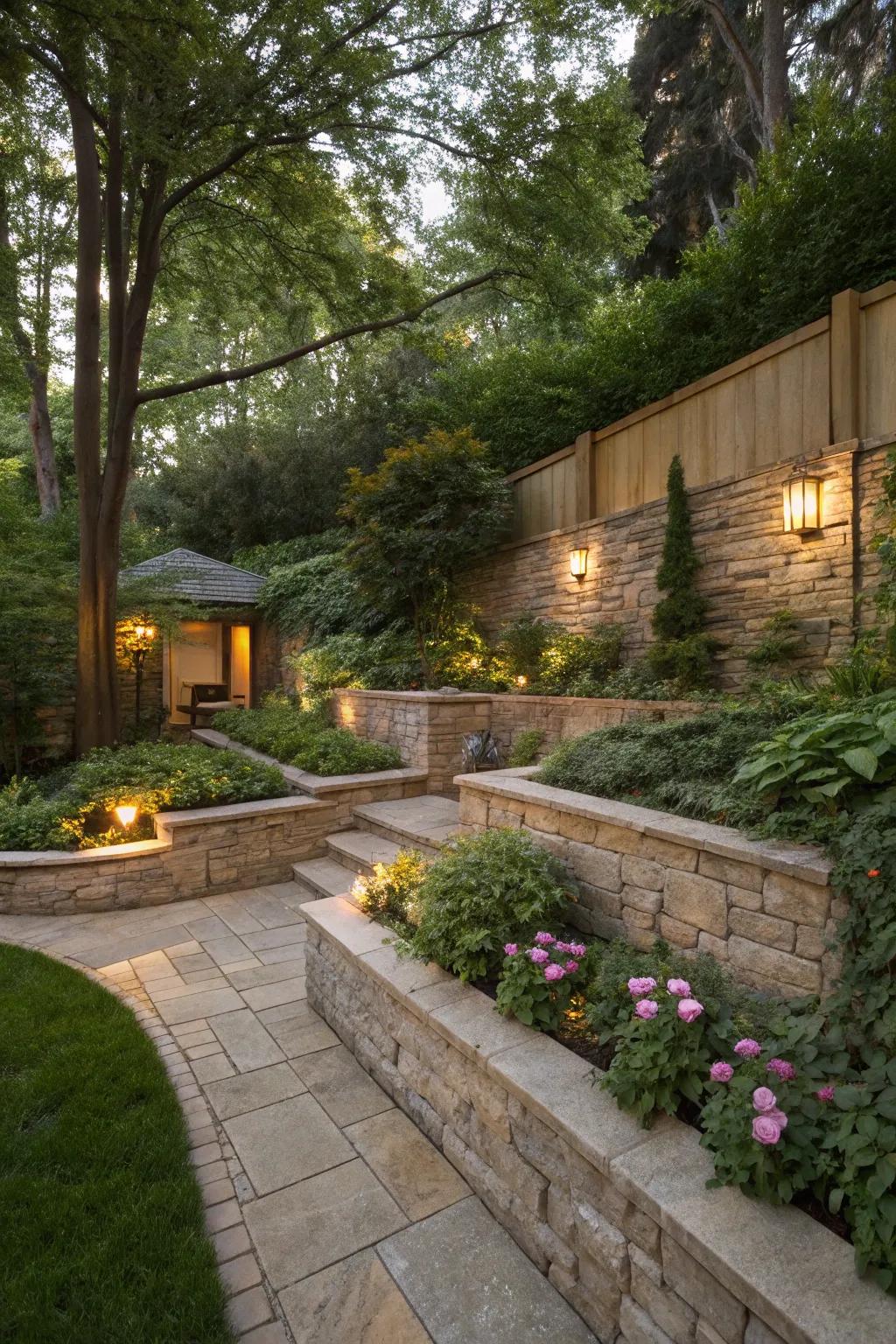 A private garden retreat created with landscape walls, ideal for unwinding.
