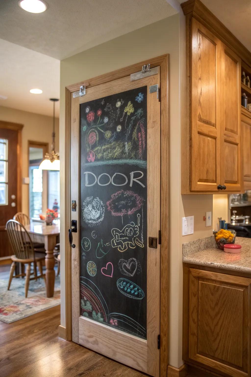 A chalkboard door offers a canvas for creativity and organization.