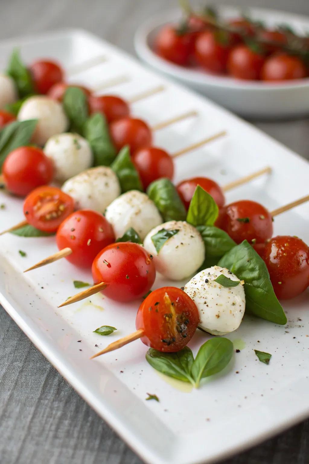 Cherry tomato skewers are a simple yet impressive party snack.