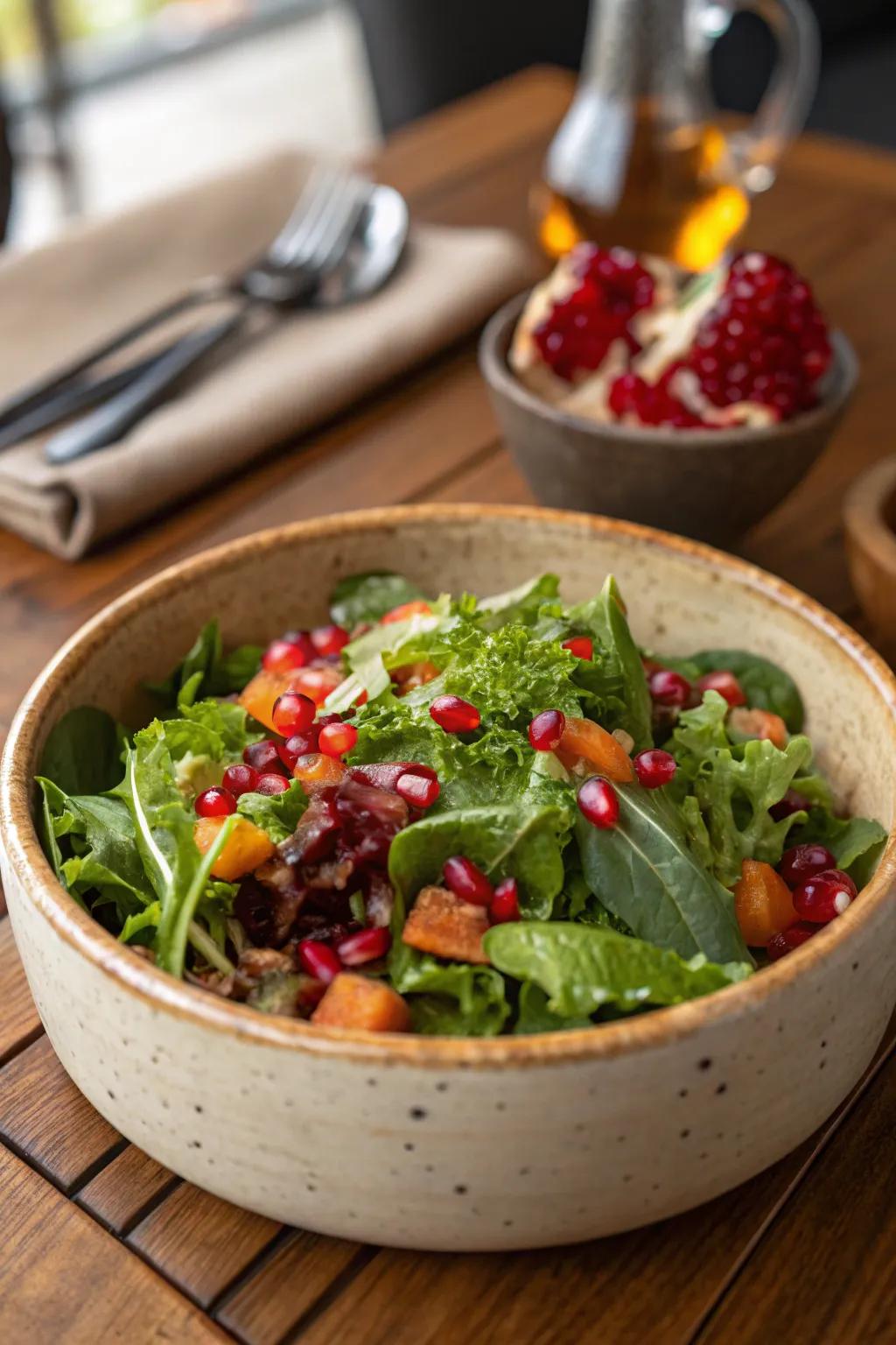Pomegranate seeds add vibrant color and flavor to salads.