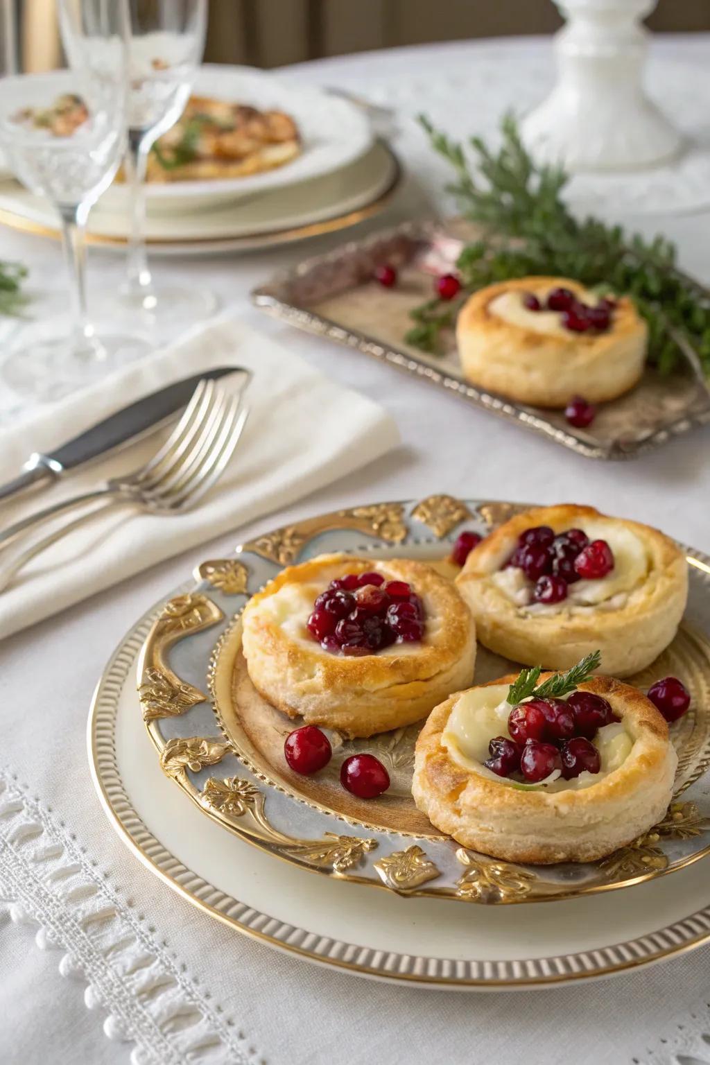 Cranberry and brie puff pastries add elegance to appetizers.