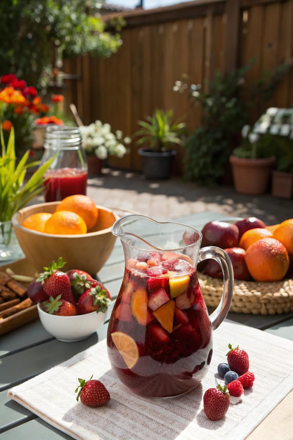 Red sangria with fresh fruits is a delightful drink for gatherings.
