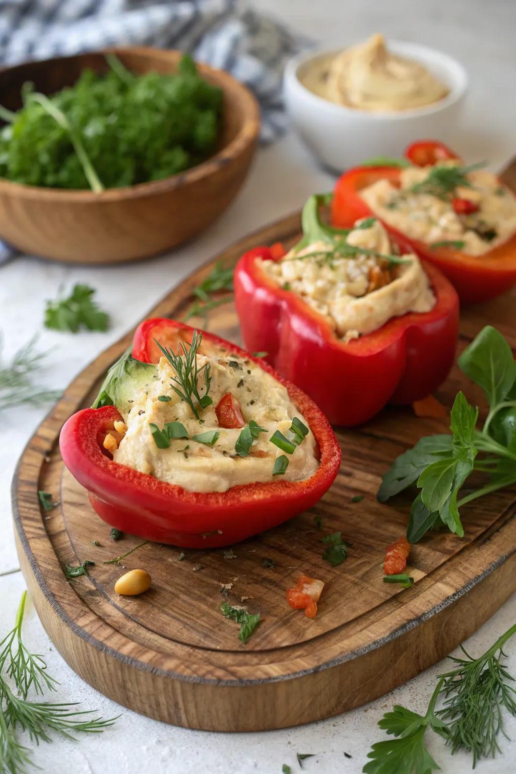 Red bell pepper hummus cups provide a nutritious and vibrant snack option.