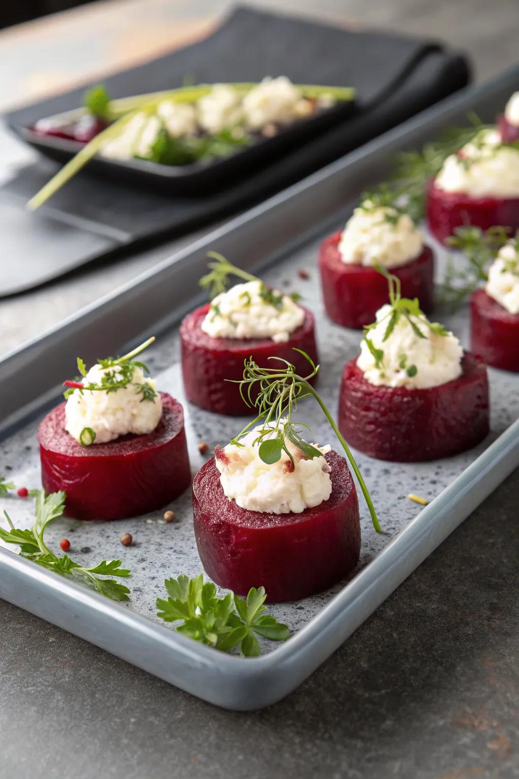 Beetroot and goat cheese bites add a gourmet touch to parties.