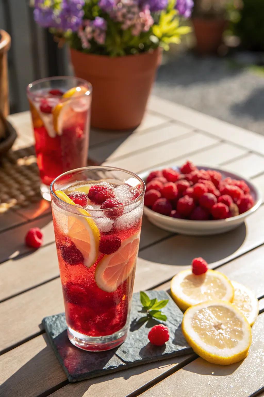 Raspberry lemonade offers a refreshing beverage option.