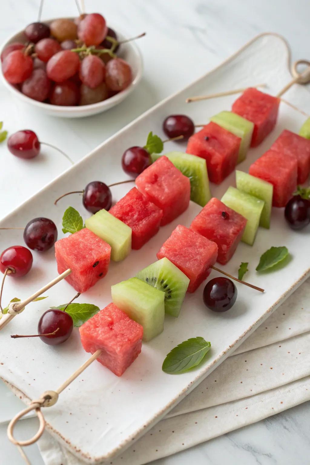Red fruit skewers offer a refreshing option for party snacks.