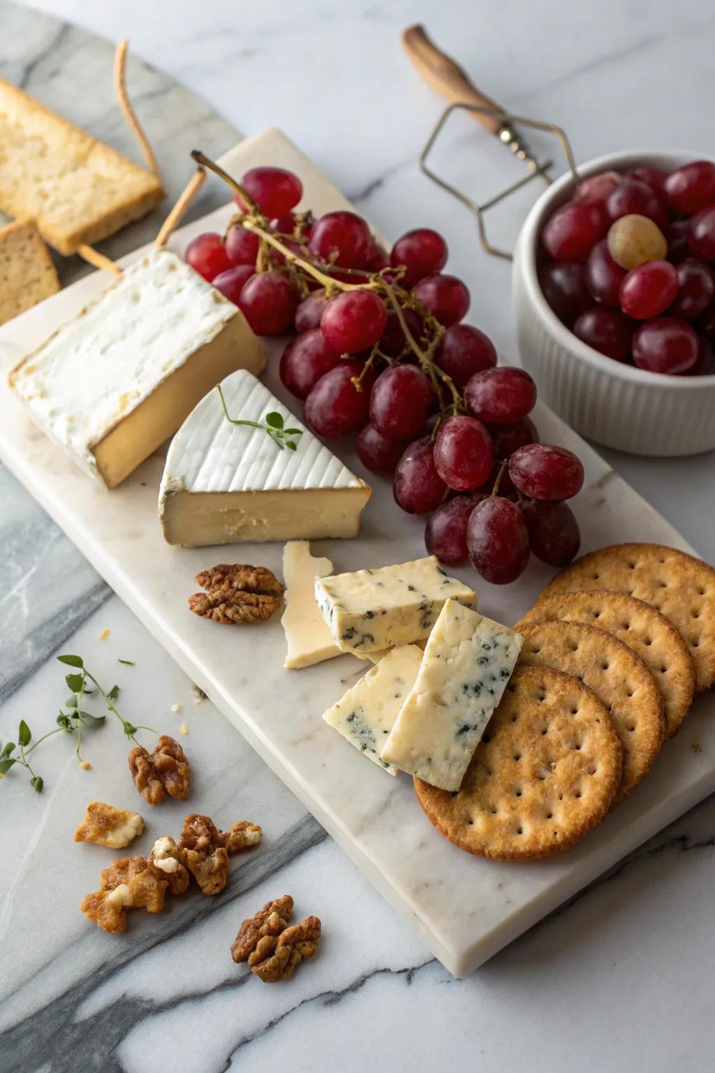 A cheese board featuring red accents elevates the sophistication of parties.