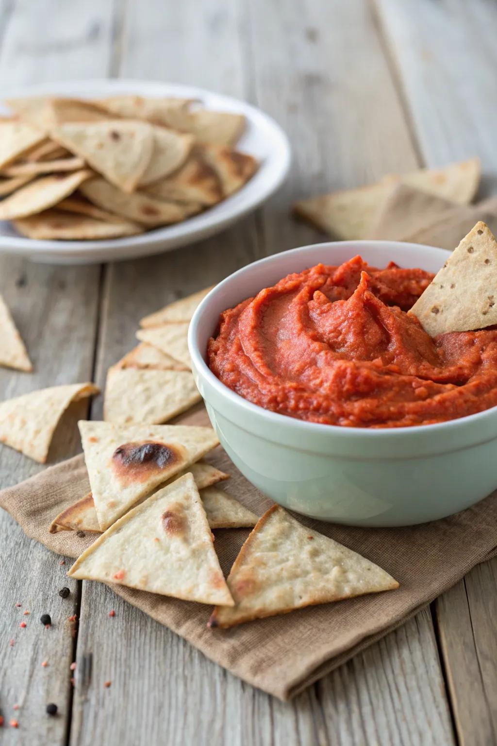 Roasted red pepper dip adds rich flavor to party snacks.