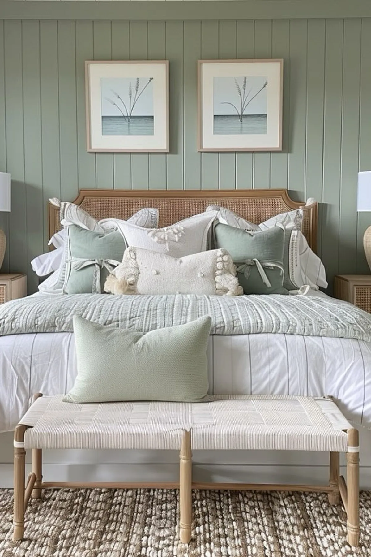A serene bedroom with pastel colors, a woven headboard, beach artwork, and soft bedding on a wooden bench.