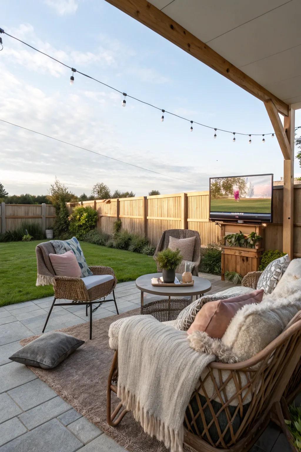 A well-arranged seating area makes your outdoor TV setup more inviting.