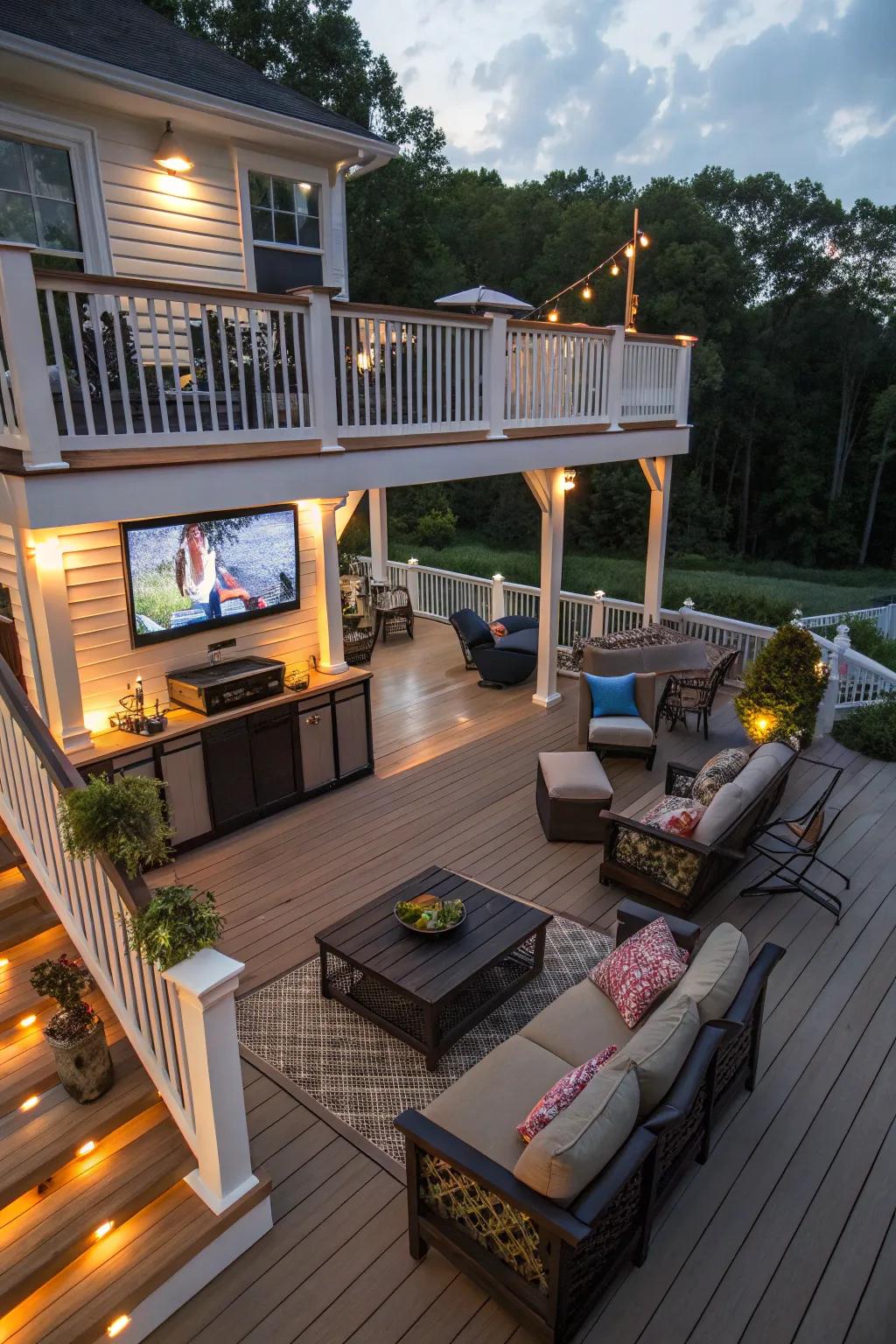 Multi-level decks delineate zones and improve your outdoor TV area.