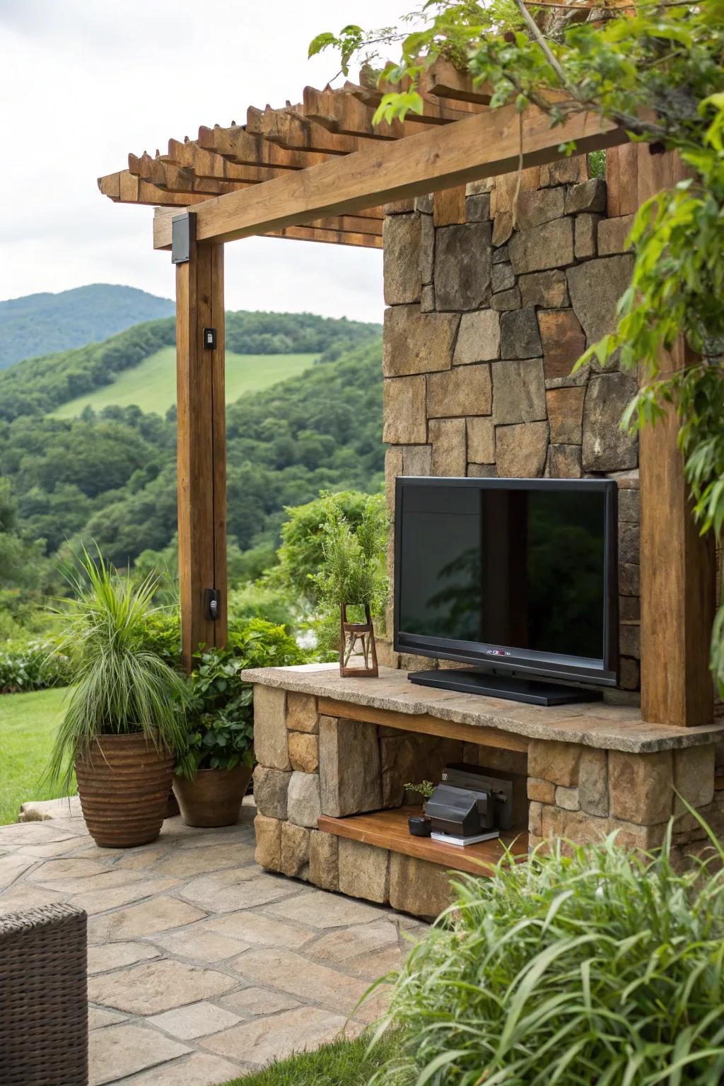 Natural materials ensure a seamless integration with the outdoor landscape.