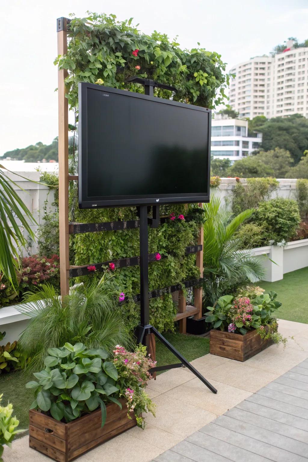 A vertical garden adds lush greenery and elevates your outdoor TV area.
