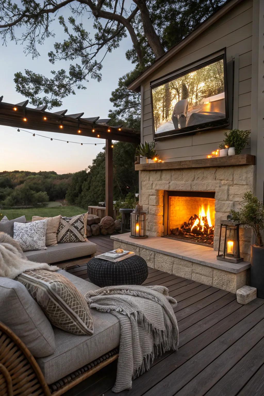 A fireplace provides both warmth and a beautiful focal point for your outdoor TV space.