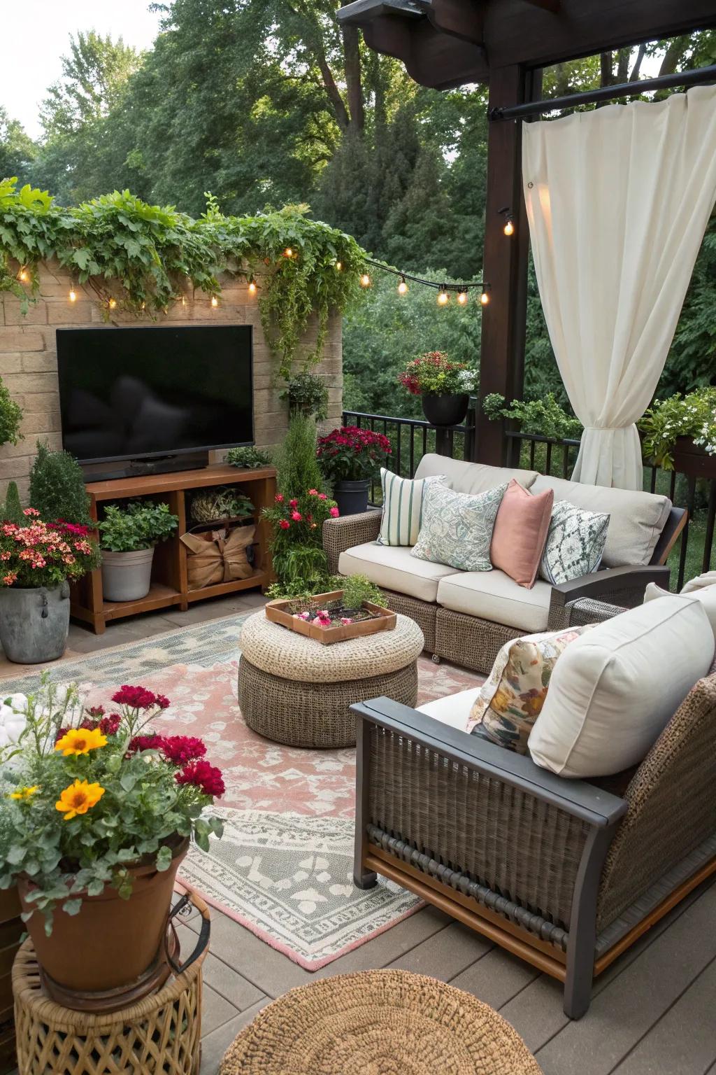 Decorative elements introduce personality and comfort to your outdoor TV setup.