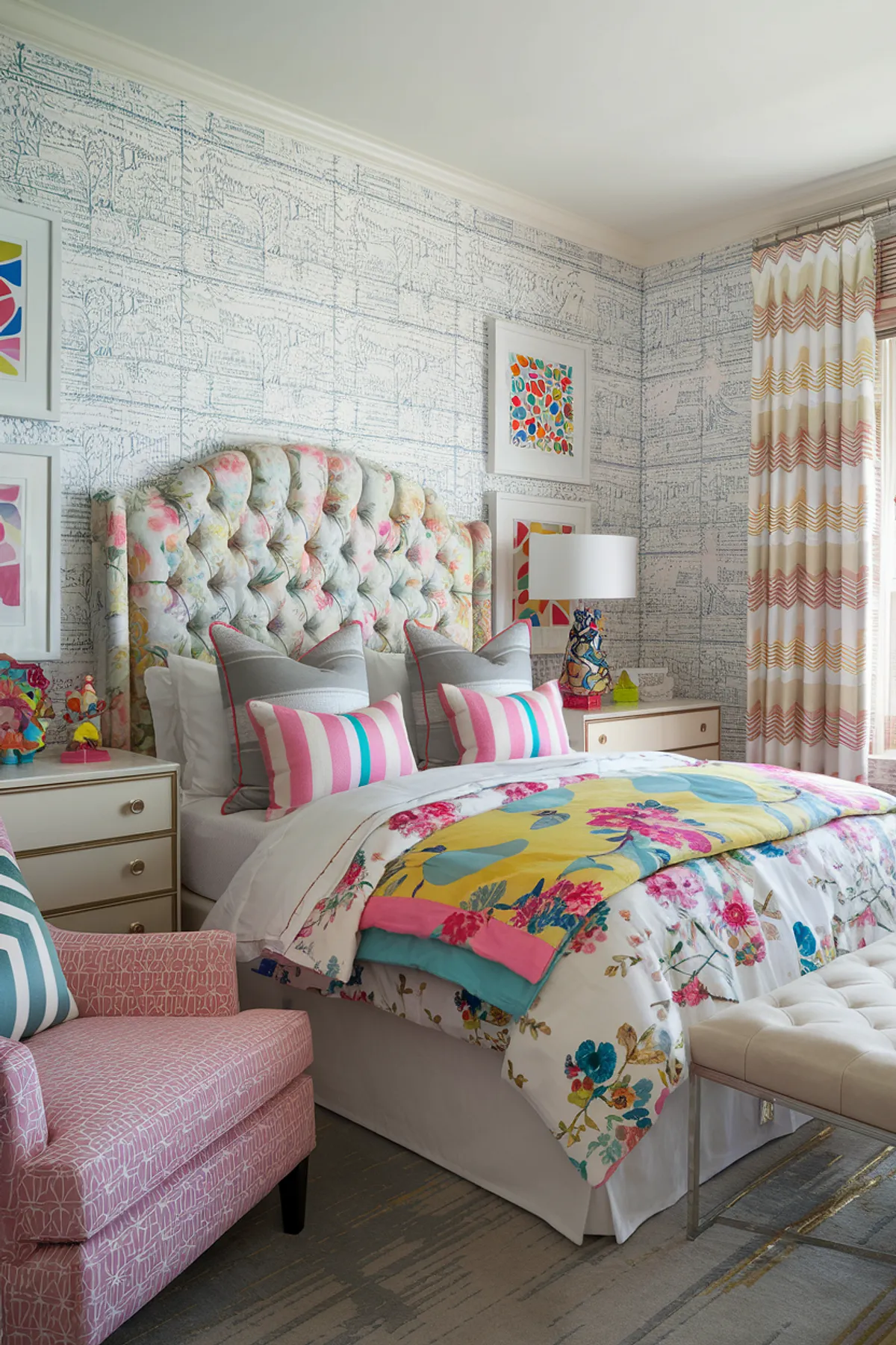 Colorful bedroom with floral comforter, patterned headboard, pink armchair, and abstract art.