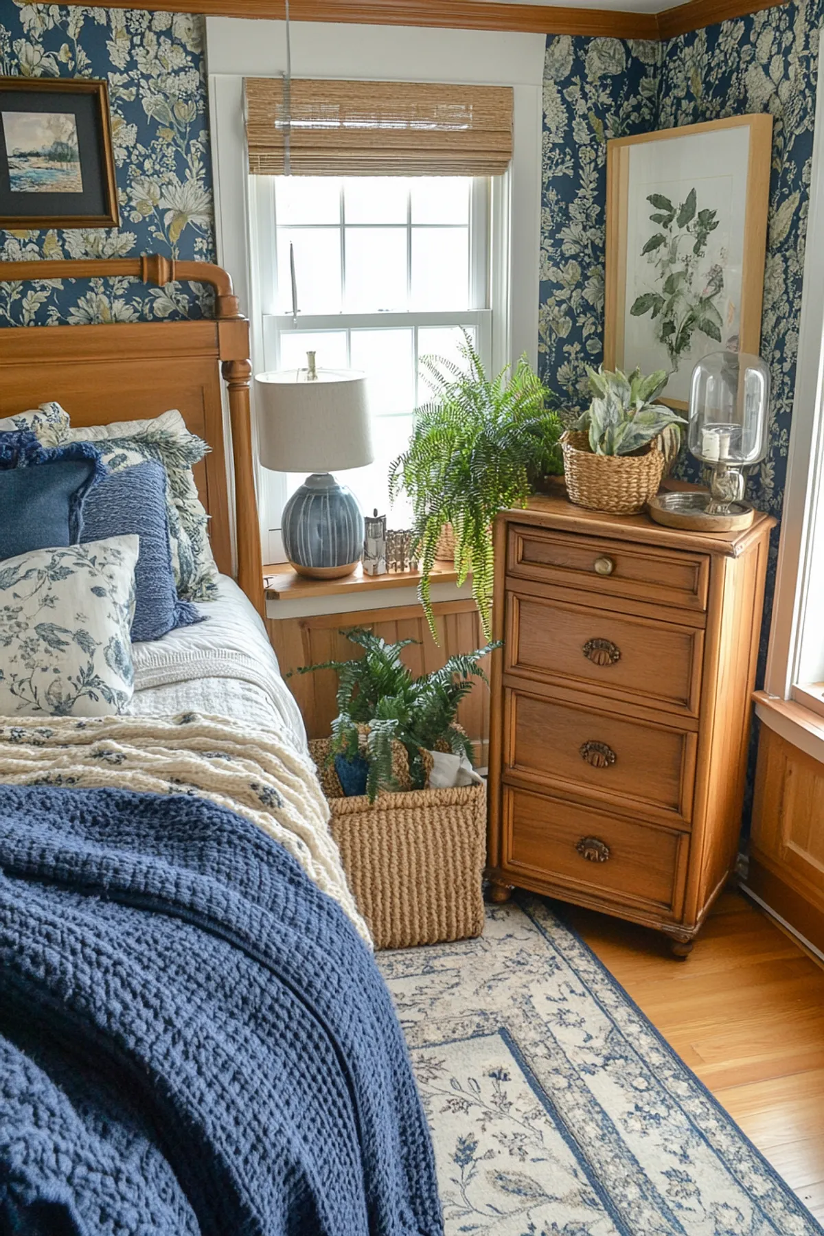 Cozy bedroom corner with floral wallpaper, wooden bed with blue bedding, and green plants.