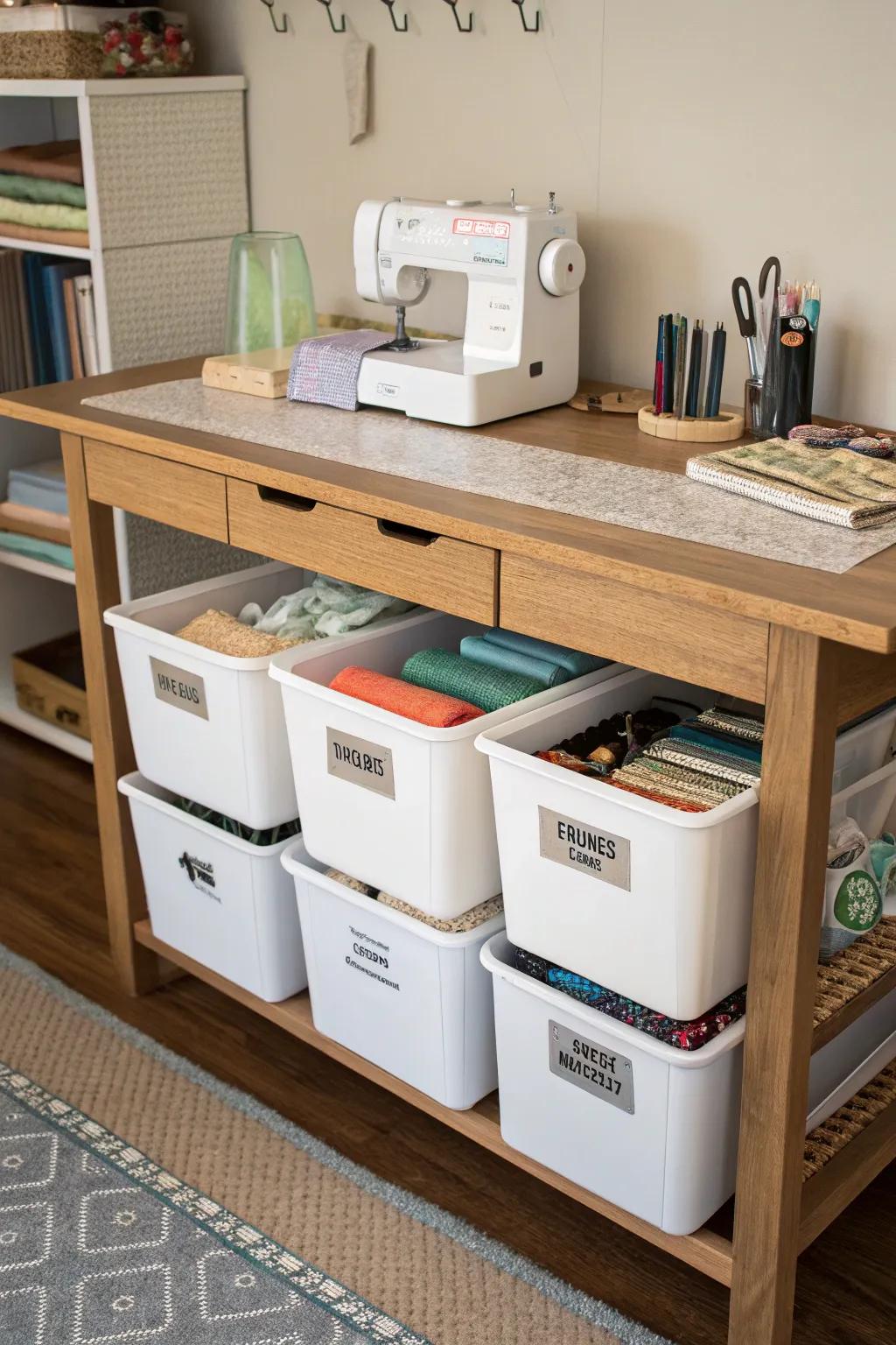 A clutter-free workspace is achieved with under-table storage.