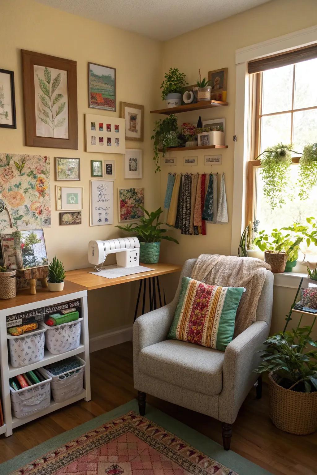 Personal touches give the sewing area a welcoming feel.